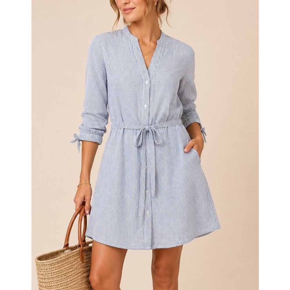 Abercrombie & Fitch Coastal Belted Shirt Dress XS Blue Striped Beachy Resort